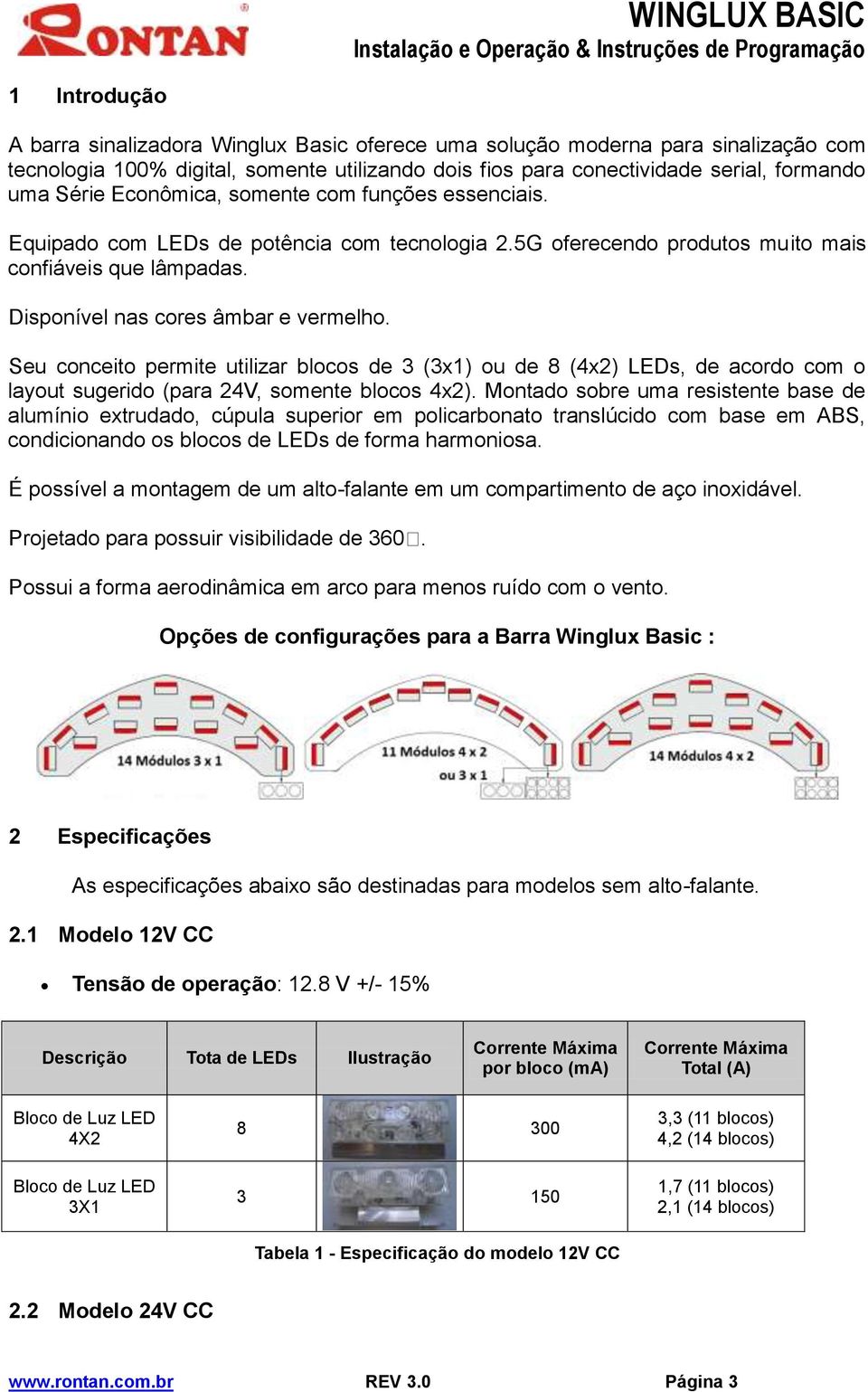 Seu conceito permite utilizar blocos de 3 (3x1) ou de 8 (4x2) LEDs, de acordo com o layout sugerido (para 24V, somente blocos 4x2).