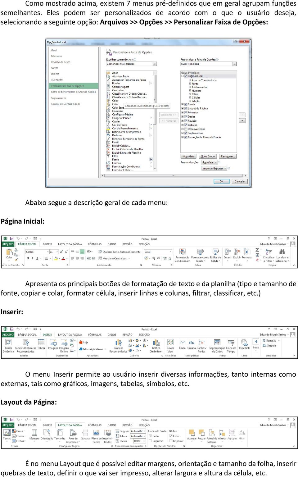 de cada menu: Apresenta os principais botões de formatação de texto e da planilha (tipo e tamanho de fonte, copiar e colar, formatar célula, inserir linhas e colunas, filtrar, classificar, etc.