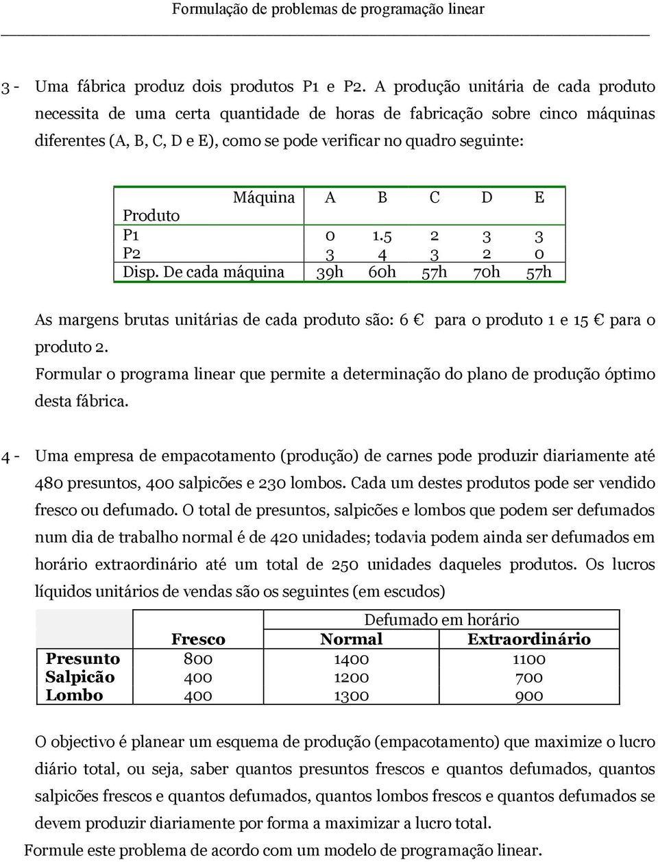 D E Produto P1 0 1.5 2 3 3 P2 3 4 3 2 0 Disp. De cada máquina 39h 60h 57h 70h 57h As margens brutas unitárias de cada produto são: 6 para o produto 1 e 15 para o produto 2.