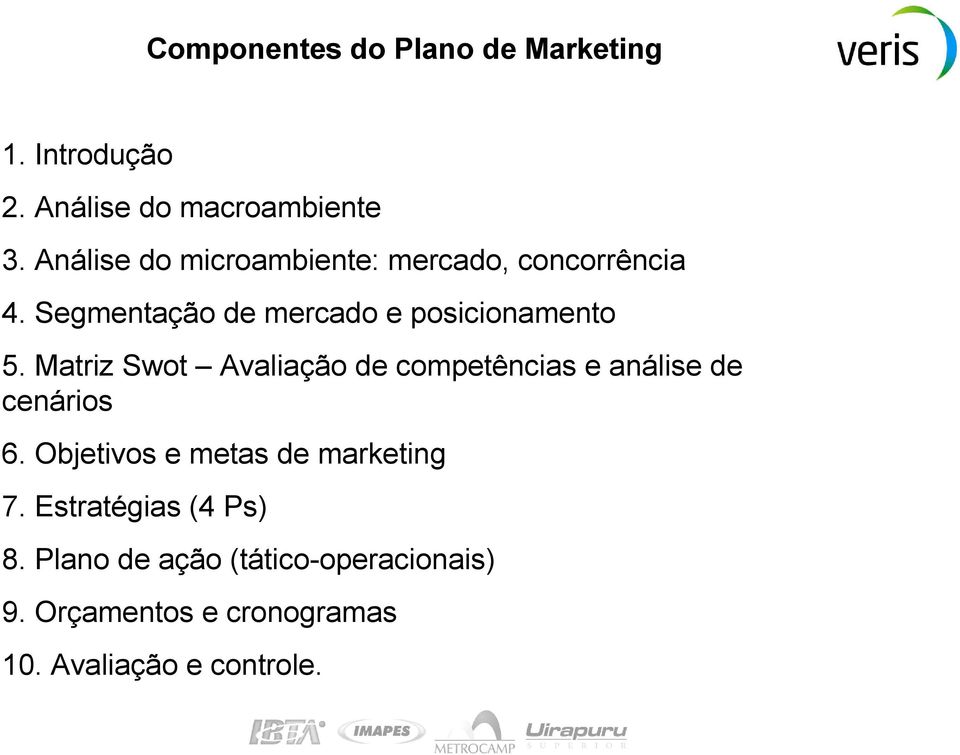 Matriz Swot Avaliação de competências e análise de cenários 6. Objetivos e metas de marketing 7.