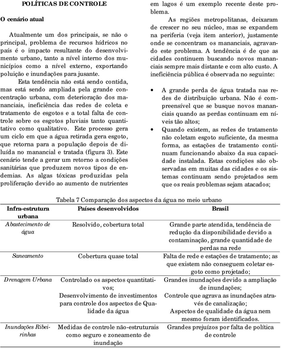 Esta tendência não está sendo contida, mas está sendo ampliada pela grande concentração urbana, com deterioração dos mananciais, ineficiência das redes de coleta e tratamento de esgotos e a total