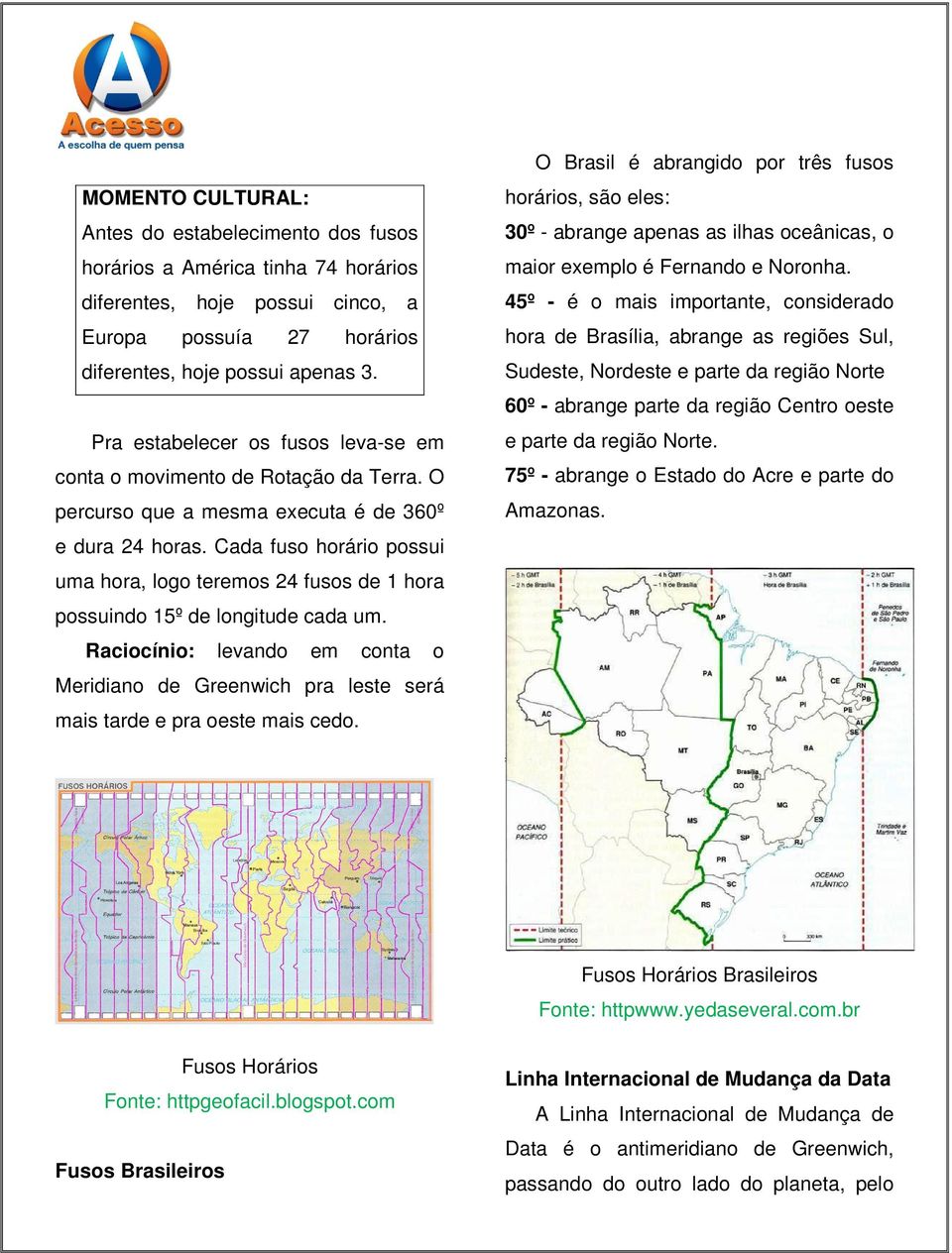 Cada fuso horário possui uma hora, logo teremos 24 fusos de 1 hora possuindo 15º de longitude cada um.