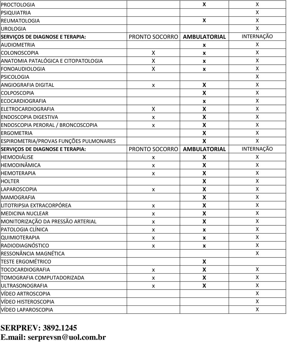 SERVIÇOS DE DIAGNOSE E TERAPIA: PRONTO SOCORRO AMBULATORIAL INTERNAÇÃO HEMODIÁLISE x HEMODINÂMICA x HEMOTERAPIA x HOLTER LAPAROSCOPIA x MAMOGRAFIA LITOTRIPSIA ETRACORPÓREA x MEDICINA NUCLEAR x