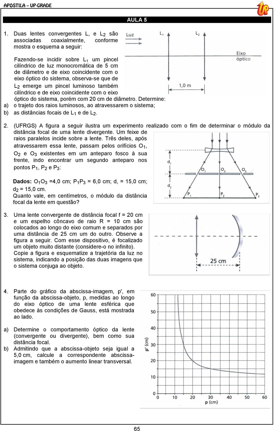 coincidente com o eixo óptico do sistema, observa-se que de L 2 emerge um pincel luminoso também cilíndrico e de eixo coincidente com o eixo óptico do sistema, porém com 20 cm de diâmetro.