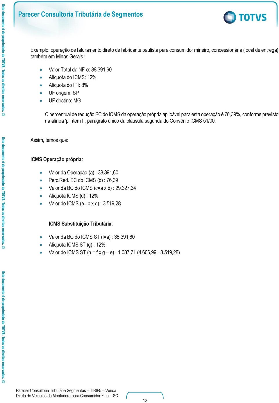 p, item II, parágrafo único da cláusula segunda do Convênio ICMS 51/00. Assim, temos que: ICMS Operação própria: Valor da Operação (a) : 38.391,60 Perc.Red.