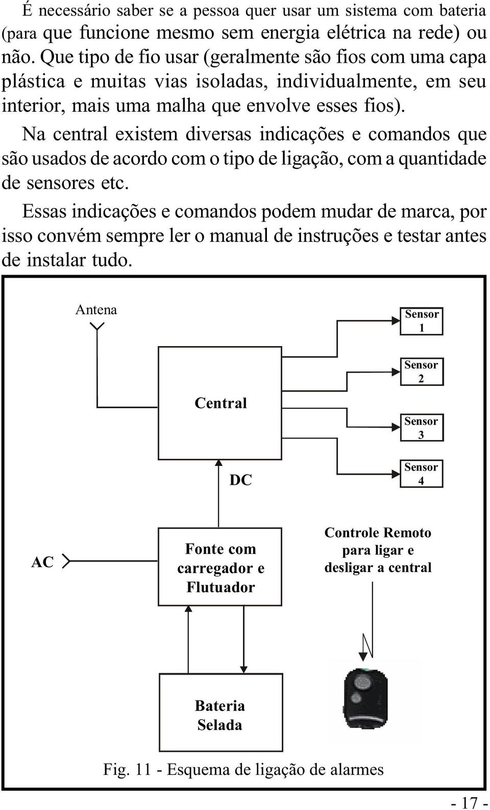 Na central existem diversas indicações e comandos que são usados de acordo com o tipo de ligação, com a quantidade de sensores etc.