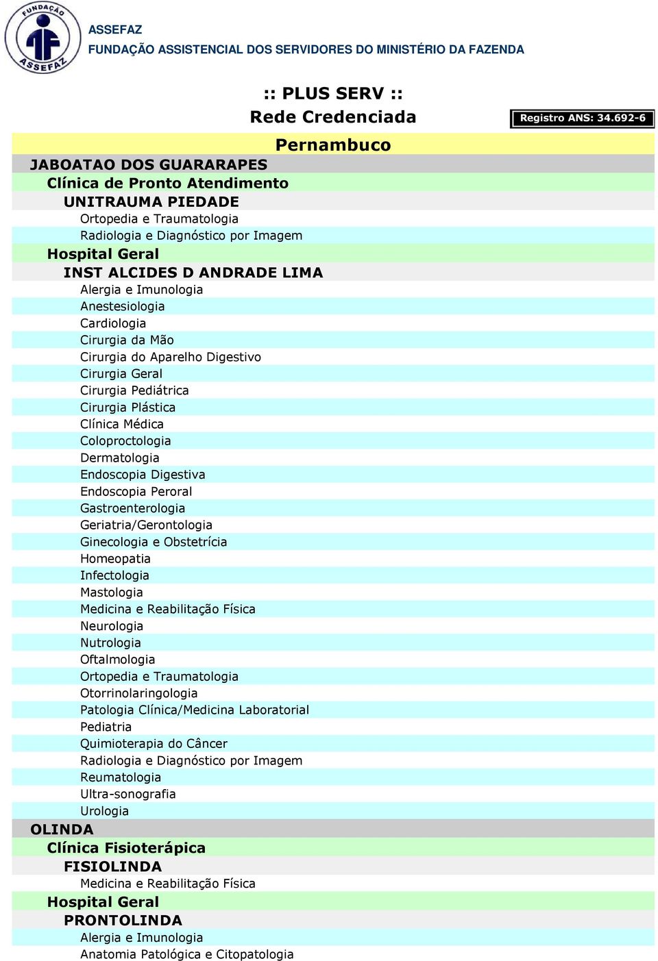 Coloproctologia Endoscopia Peroral Geriatria/Gerontologia Homeopatia Infectologia Nutrologia