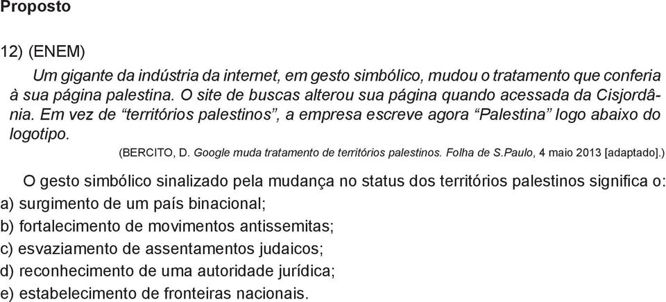 Google muda tratamento de territórios palestinos. Folha de S.Paulo, 4 maio 2013 [adaptado].