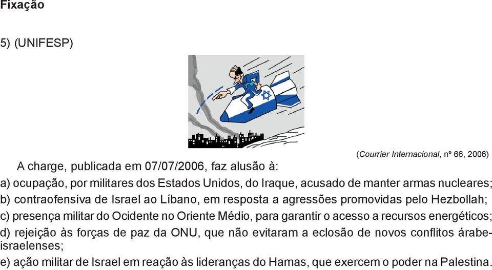 Hezbollah; c) presença militar do Ocidente no Oriente Médio, para garantir o acesso a recursos energéticos; d) rejeição às forças de paz da ONU,