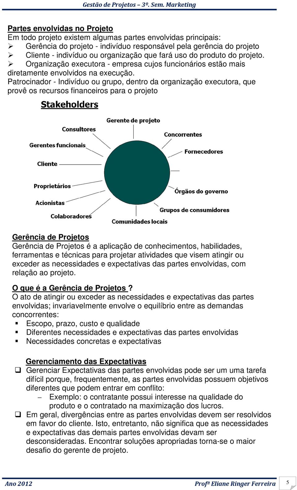 Patrocinador - Indivíduo ou grupo, dentro da organização executora, que provê os recursos financeiros para o projeto Gerência de Projetos Gerência de Projetos é a aplicação de conhecimentos,