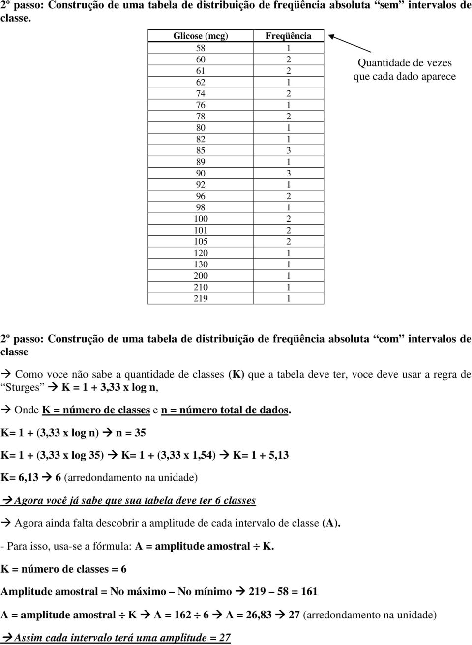 Construção de uma tabela de distribuição de freqüência absoluta com intervalos de classe Como voce não sabe a quantidade de classes (K) que a tabela deve ter, voce deve usar a regra de Sturges K = 1