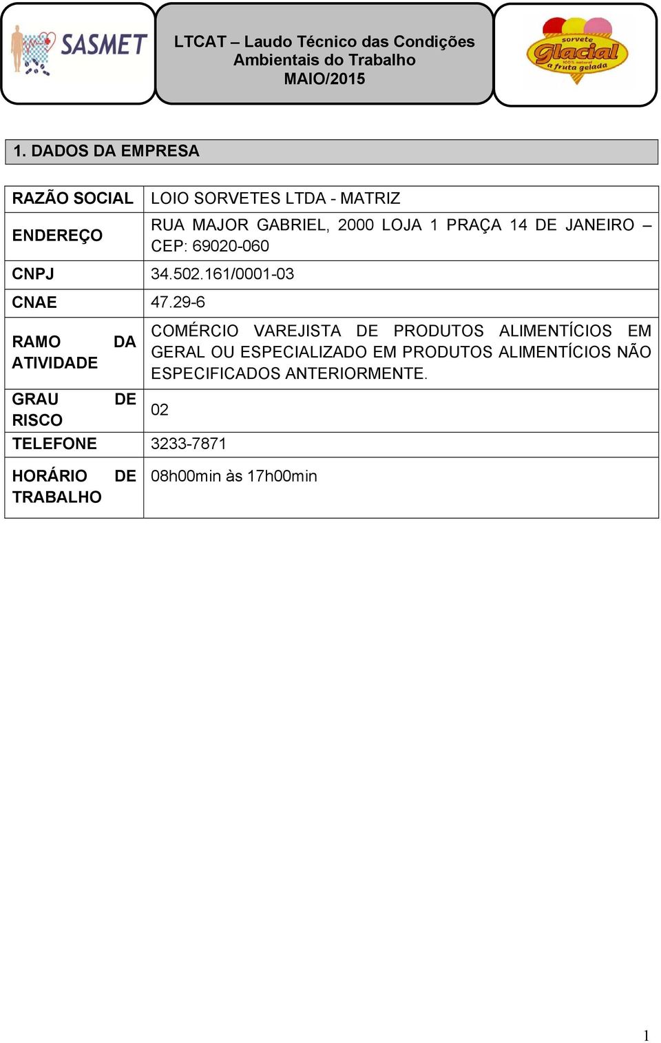 29-6 RAMO ATIVIDADE GRAU RISCO DA DE COMÉRCIO VAREJISTA DE PRODUTOS ALIMENTÍCIOS EM GERAL OU