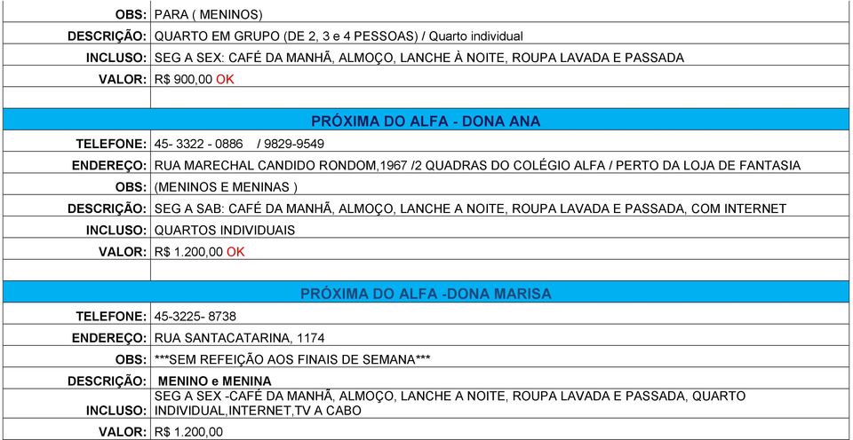 SAB: CAFÉ DA MANHÃ, ALMOÇO, LANCHE A NOITE, ROUPA LAVADA E PASSADA, COM INTERNET INCLUSO: QUARTOS INDIVIDUAIS VALOR: R$ 1.