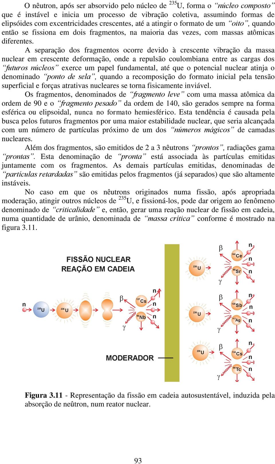 A separação dos fragmentos ocorre devido à crescente vibração da massa nuclear em crescente deformação, onde a repulsão coulombiana entre as cargas dos futuros núcleos exerce um papel fundamental,