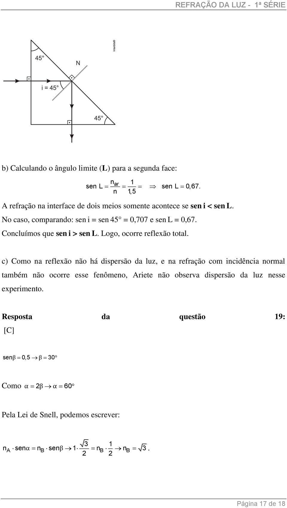 Concluímos que sen i > sen L. Logo, ocorre reflexão total.