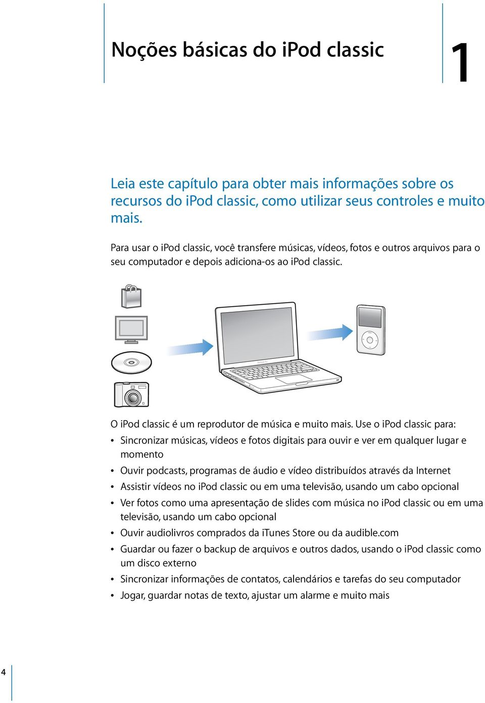 Use o ipod classic para: Â Sincronizar músicas, vídeos e fotos digitais para ouvir e ver em qualquer lugar e momento Â Ouvir podcasts, programas de áudio e vídeo distribuídos através da Internet Â