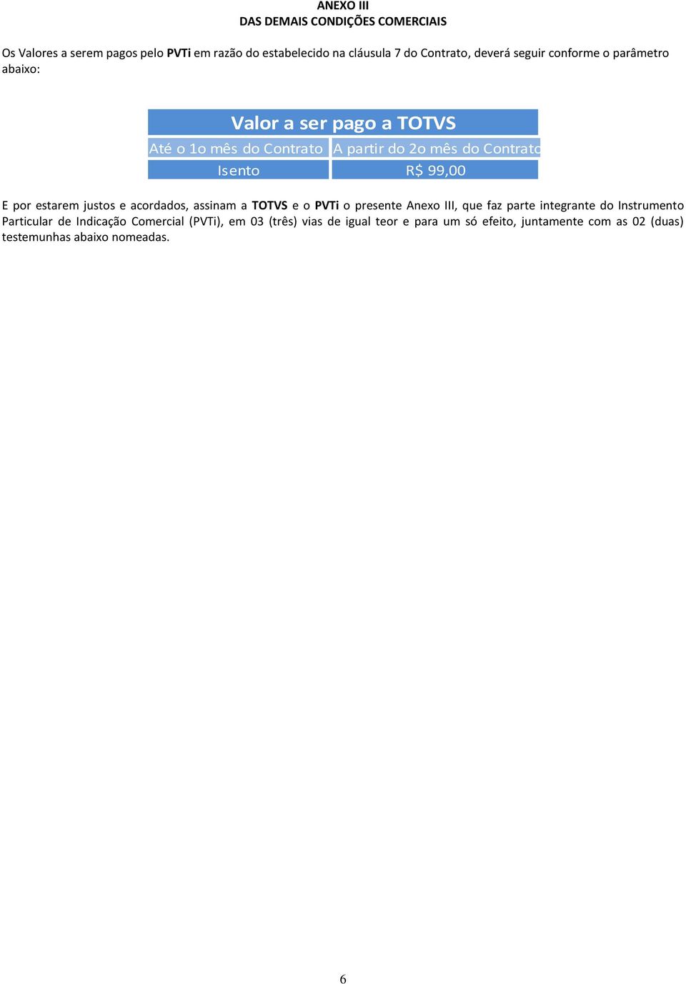 por estarem justos e acordados, assinam a TOTVS e o PVTi o presente Anexo III, que faz parte integrante do Instrumento Particular de