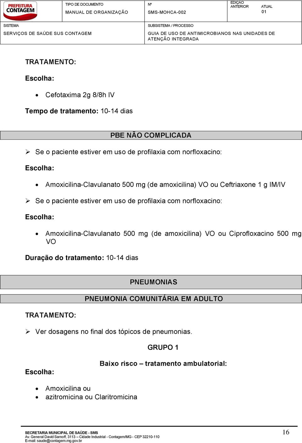 Amoxicilina-Clavulanato 500 mg (de amoxicilina) VO ou Ciprofloxacino 500 mg VO Duração do tratamento: 10-14 dias PNEUMONIAS PNEUMONIA COMUNITÖRIA EM