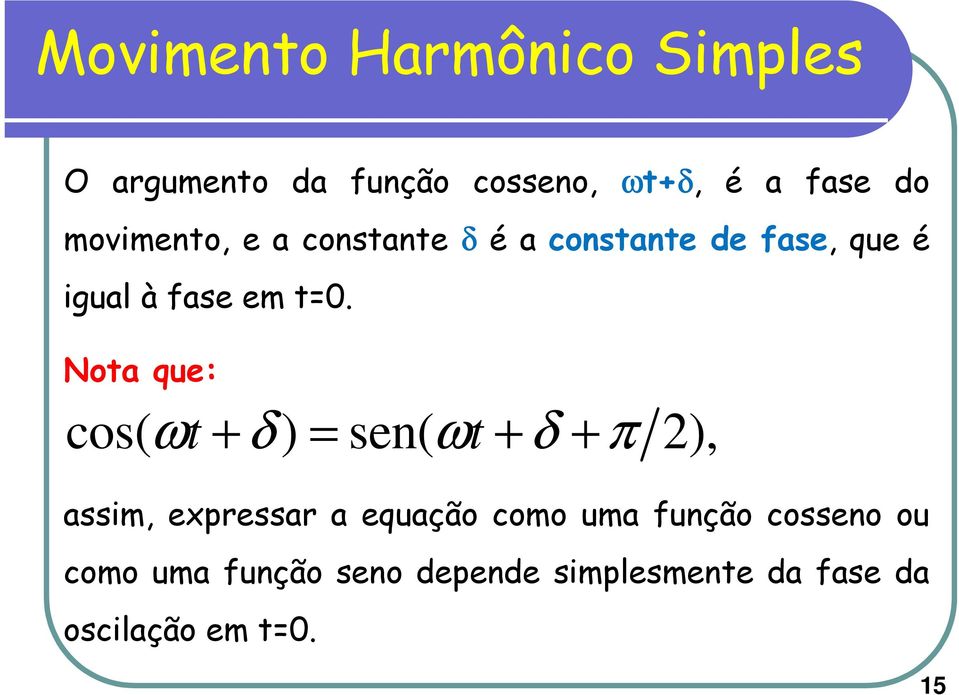 Nota que: cos( ωt + δ ) = sen( ωt + δ + π ), assim, expressar a equação como uma