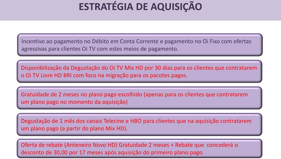 Gratuidade de 2 meses no plano pago escolhido (apenas para os clientes que contratarem um plano pago no momento da aquisição) Degustação de 1 mês dos canais Telecine e HBO para