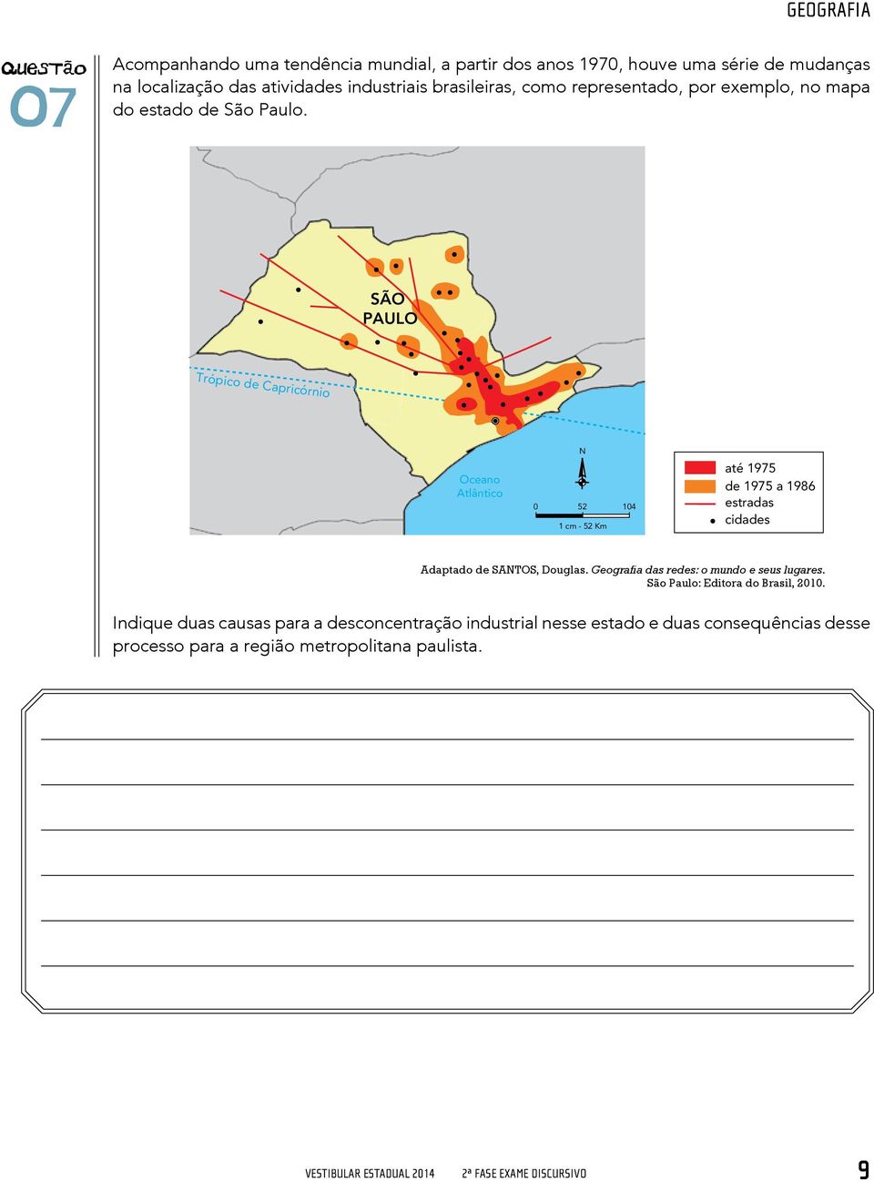 SÃO PAULO Trópico de Capricórnio Oceano Atlântico N 0 52 1 cm - 52 Km 104 até 1975 de 1975 a 1986 estradas cidades Adaptado de SANTOS, Douglas.