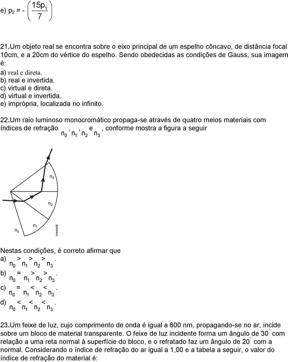 Um raio luminoso monocromático propaga-se através de quatro meios materiais com índices de refração n, 0 n, 1 n e, conforme mostra a figura a seguir 2 n 3 Nestas condições, é correto afirmar que a) n