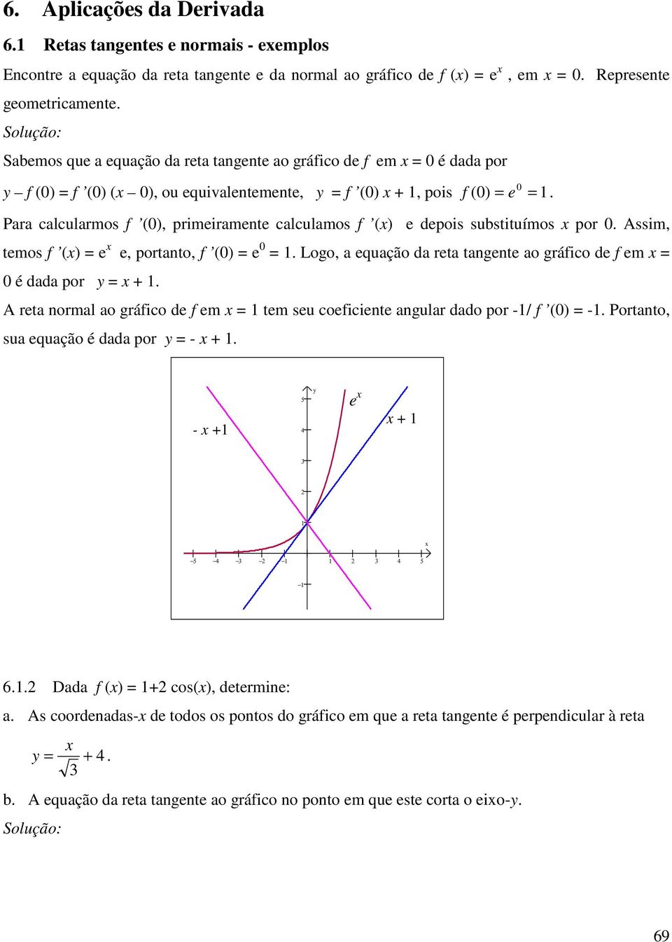 Assim, temos f () e e, portanto, f (0) e 0 Logo, a equação da reta tangente ao gráfico de f em 0 é dada por y + A reta normal ao gráfico de f em tem seu coeficiente angular dado por -/ f (0) -