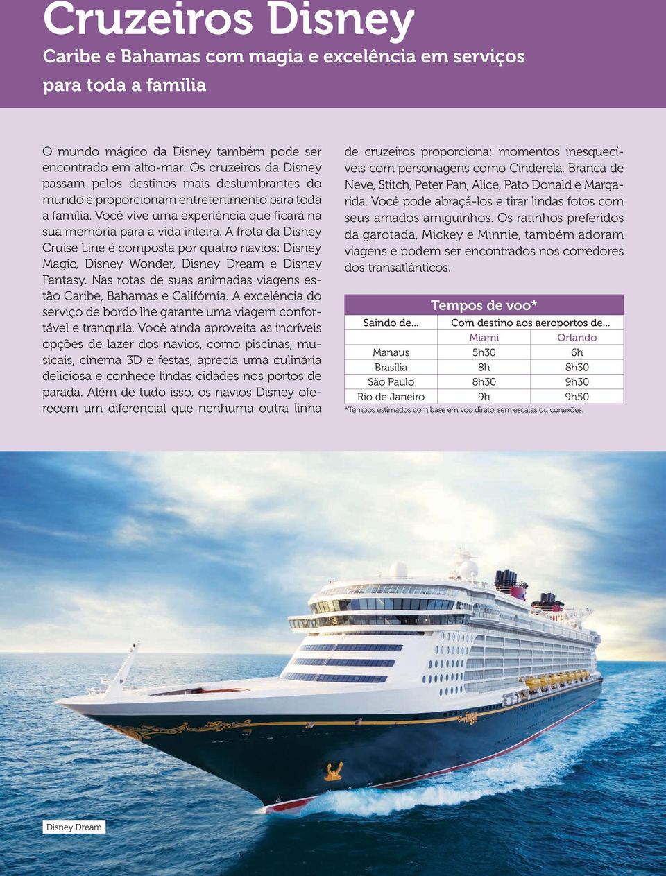A frota da Disney Cruise Line é composta por quatro navios: Disney Magic, Disney Wonder, Disney Dream e Disney Fantasy. Nas rotas de suas animadas viagens estão Caribe, Bahamas e Califórnia.