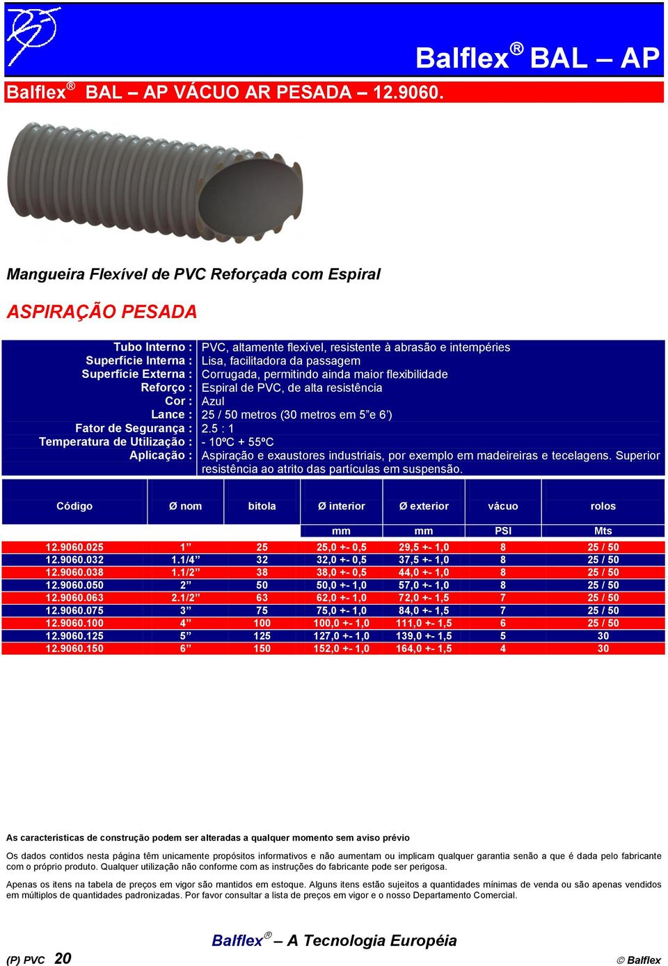 flexibilidade Espiral de PVC, de alta resistência Azul 25 / 50 metros (30 metros em 5 e 6 ) 2.5 : 1 Aspiração e exaustores industriais, por exemplo em madeireiras e tecelagens.
