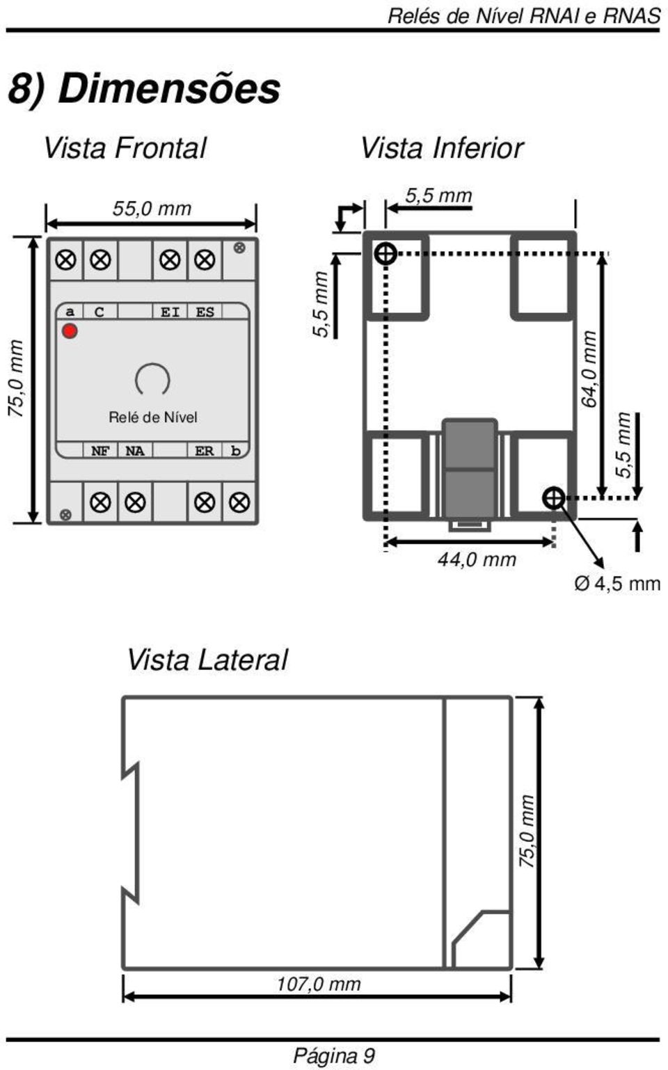 EI ES Relé de Nível NF NA ER b 5,5 mm 64,0 mm 5,5