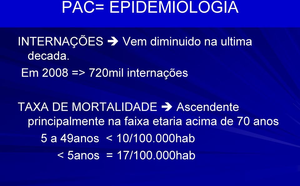 Em 2008 => 720mil internações TAXA DE MORTALIDADE Ascendente