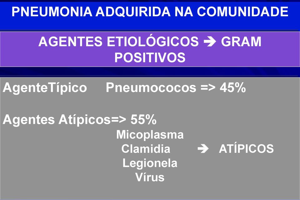 POSITIVOS AgenteTípico Pneumococos => 45% Agentes