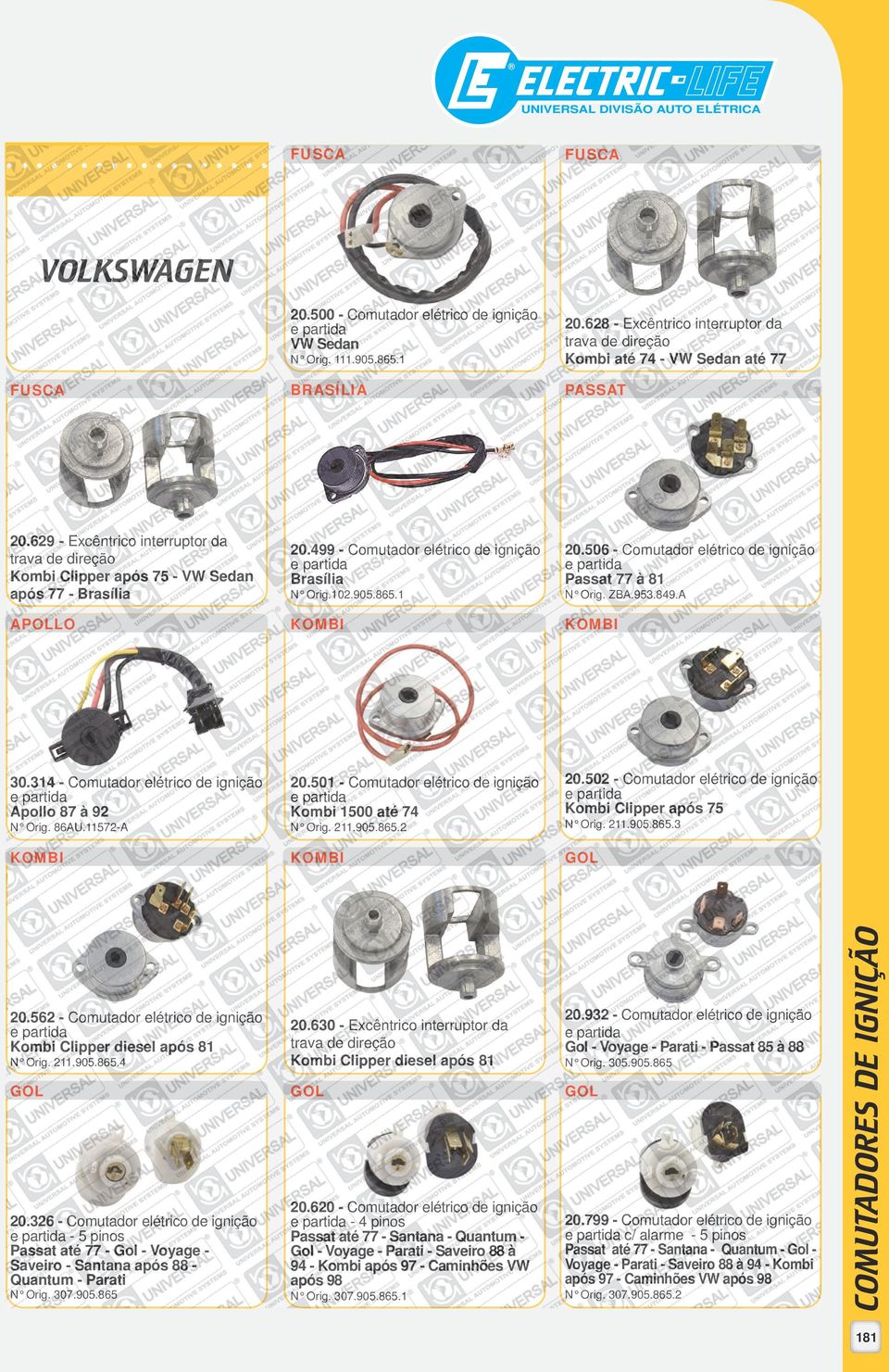 629 - Excêntrico interruptor da trava de direção Kombi Clipper após 75 - VW Sedan após 77 - Brasília 20.499 - Comutador elétrico de ignição Brasília N Orig.102.905.865.1 20.