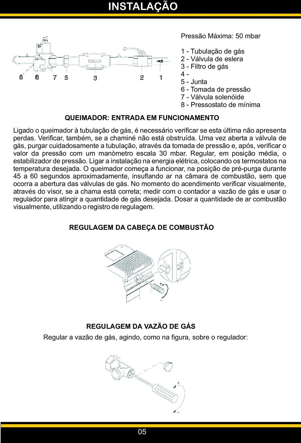 Uma vez aberta a válvula de gás, purgar cuidadosamente a tubulação, através da tomada de pressão e, após, verificar o valor da pressão com um manòmetro escala 30 mbar.