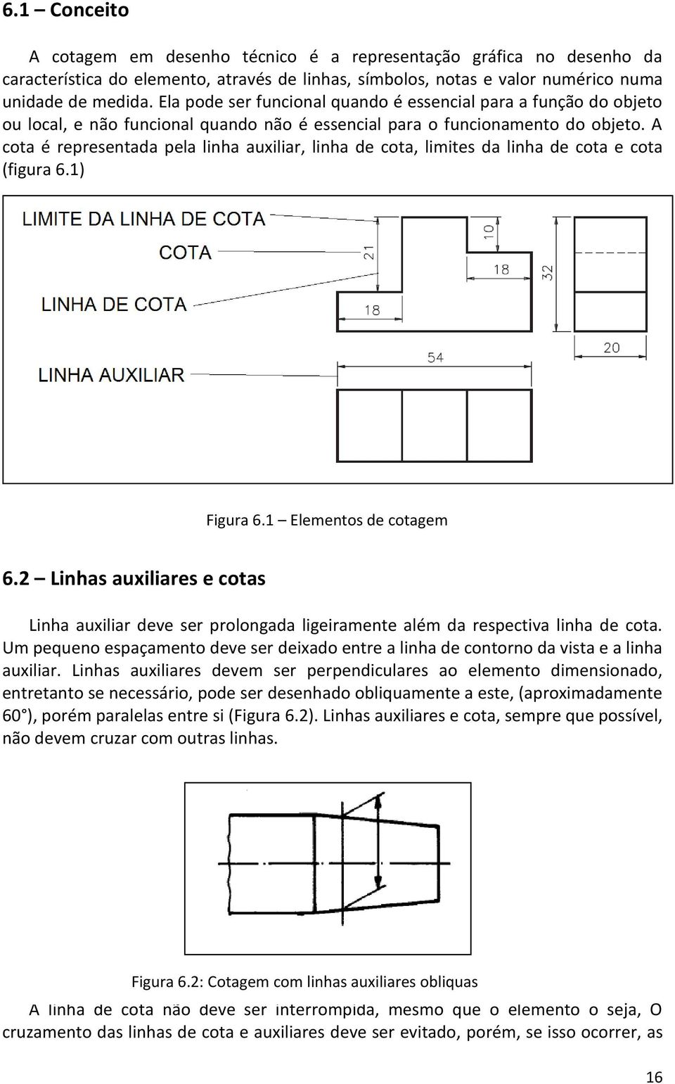 A cota é representada pela linha auxiliar, linha de cota, limites da linha de cota e cota (figura 6.1) Figura 6.1 Elementos de cotagem 6.