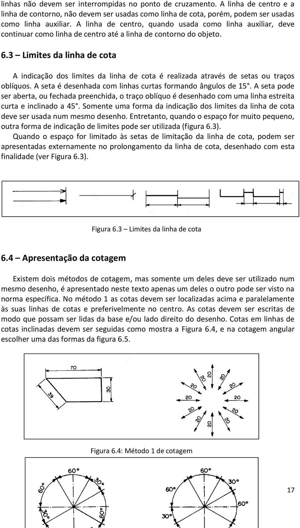 3 Limites da linha de cota A indicação dos limites da linha de cota é realizada através de setas ou traços oblíquos. A seta é desenhada com linhas curtas formando ângulos de 15.