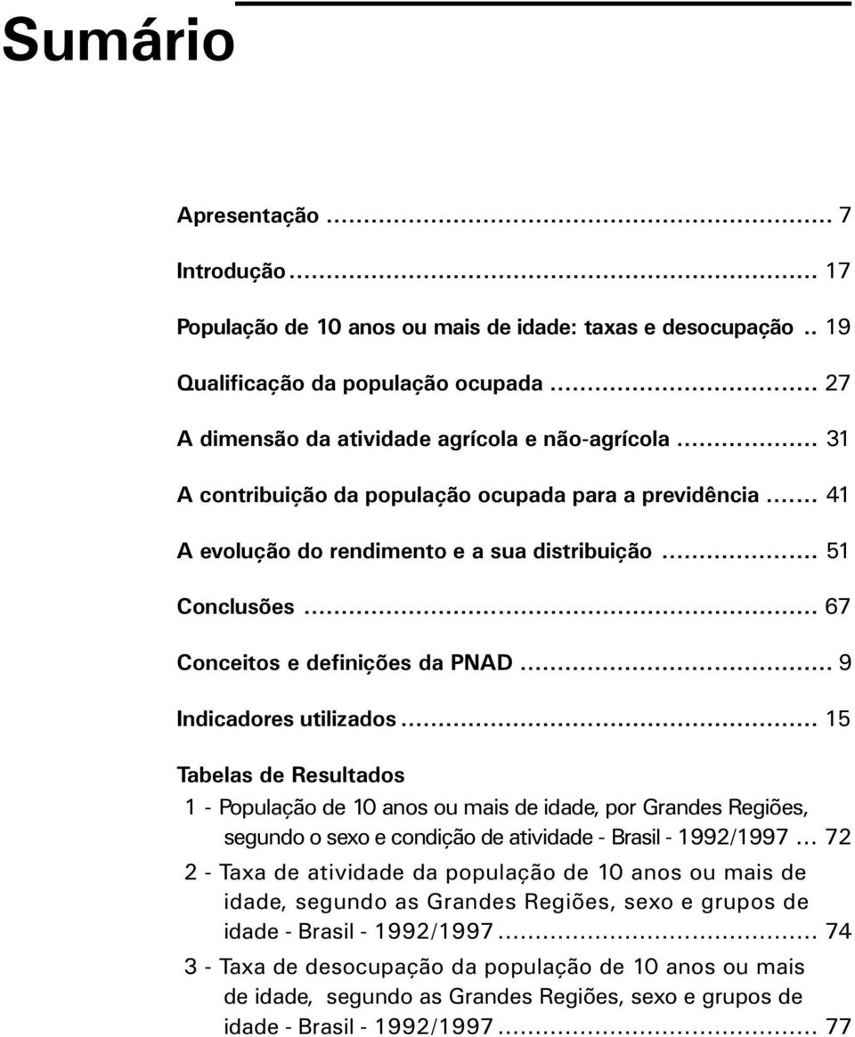 .. 15 Tabelas de Resultados 1 - Populaçăo de 10 anos ou mais de idade, por Grandes Regiőes, segundo o sexo e condiçăo de atividade - Brasil - 1992/1997.