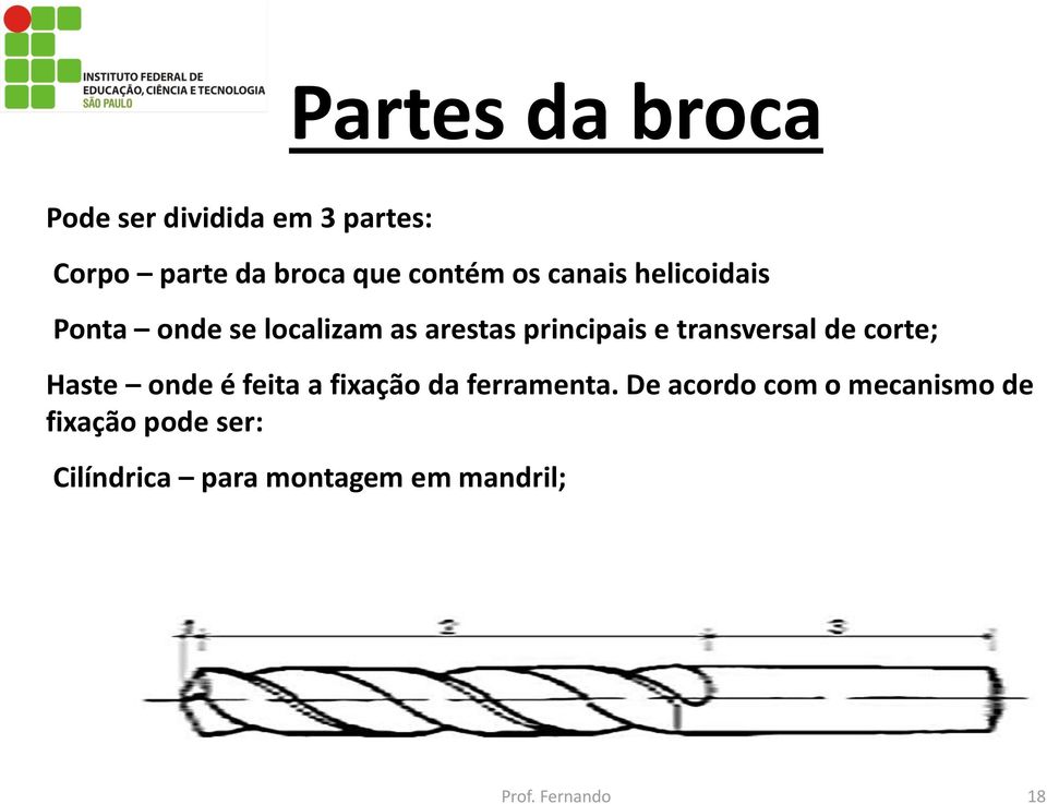 transversal de corte; Haste onde é feita a fixação da ferramenta.