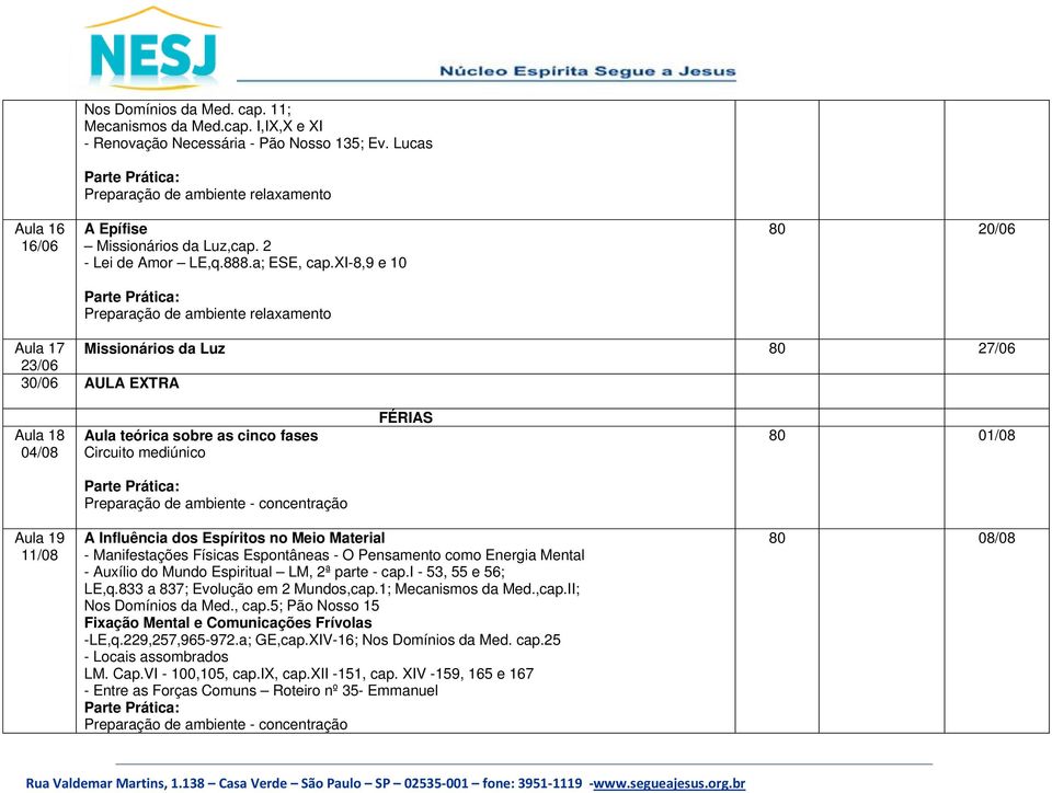 xi-8,9 e 10 80 20/06 Aula 17 Missionários da Luz 80 27/06 23/06 30/06 AULA EXTRA Aula 18 04/08 Aula teórica sobre as cinco fases Circuito mediúnico FÉRIAS 80 01/08 Aula 19 11/08 A Influência dos