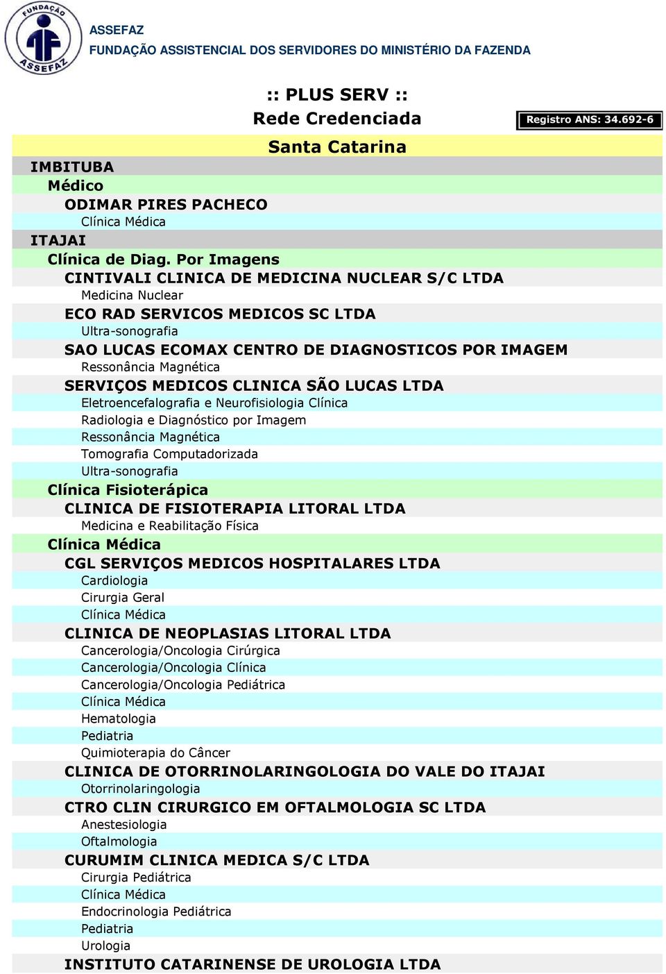 CLINICA SÃO LUCAS LTDA Eletroencefalografia e Neurofisiologia Clínica Ressonância Magnética Clínica Fisioterápica CLINICA DE FISIOTERAPIA LITORAL LTDA CGL SERVIÇOS MEDICOS HOSPITALARES LTDA CLINICA