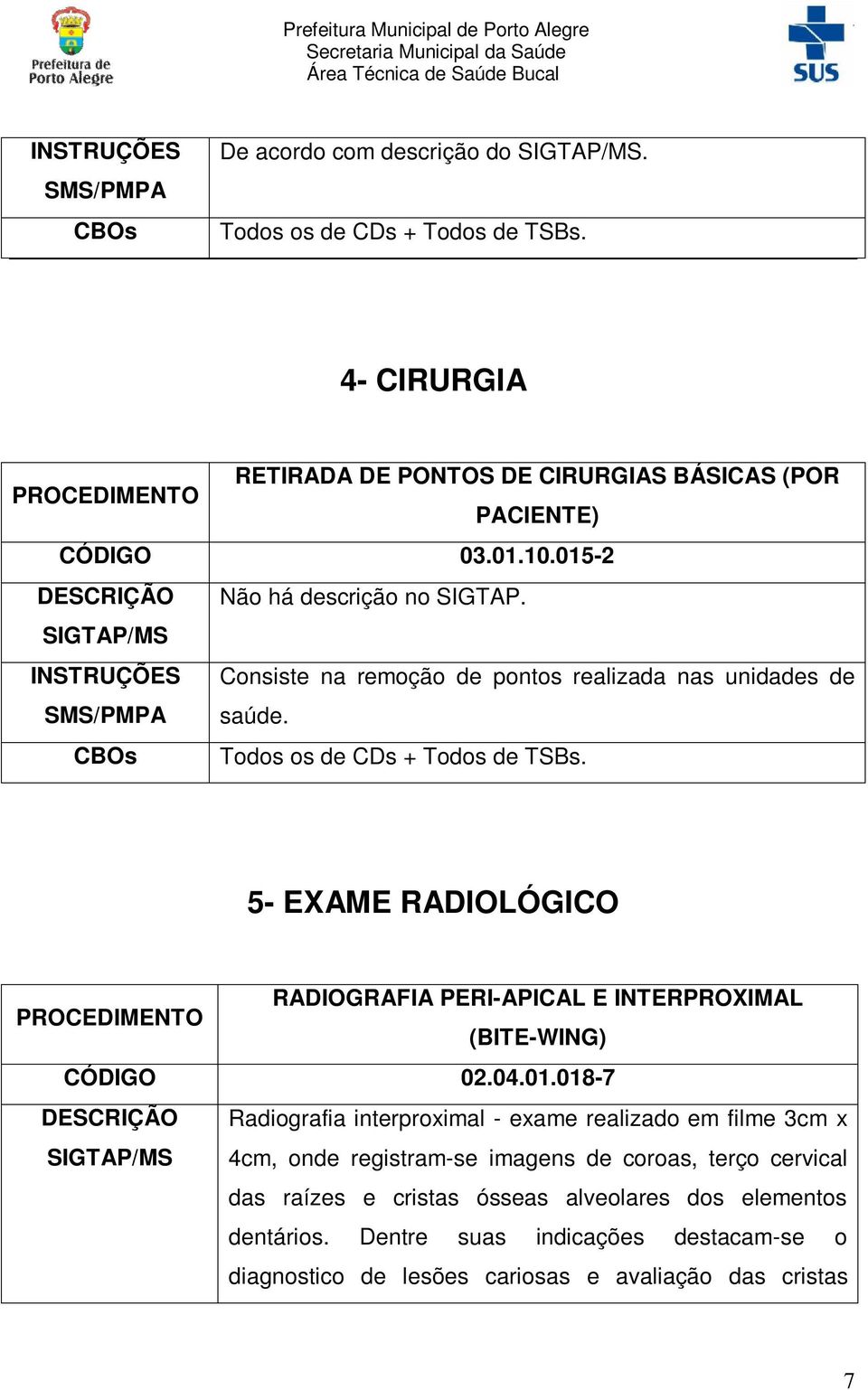 5- EXAME RADIOLÓGICO RADIOGRAFIA PERI-APICAL E INTERPROXIMAL (BITE-WING) CÓDIGO 02.04.01.