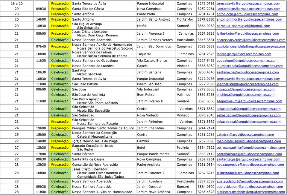 com 20 14h00 Preparação Santo Antônio Jardim Santo Antônio Monte Mor 3879.6156 antoniommor@arquidiocesecampinas.