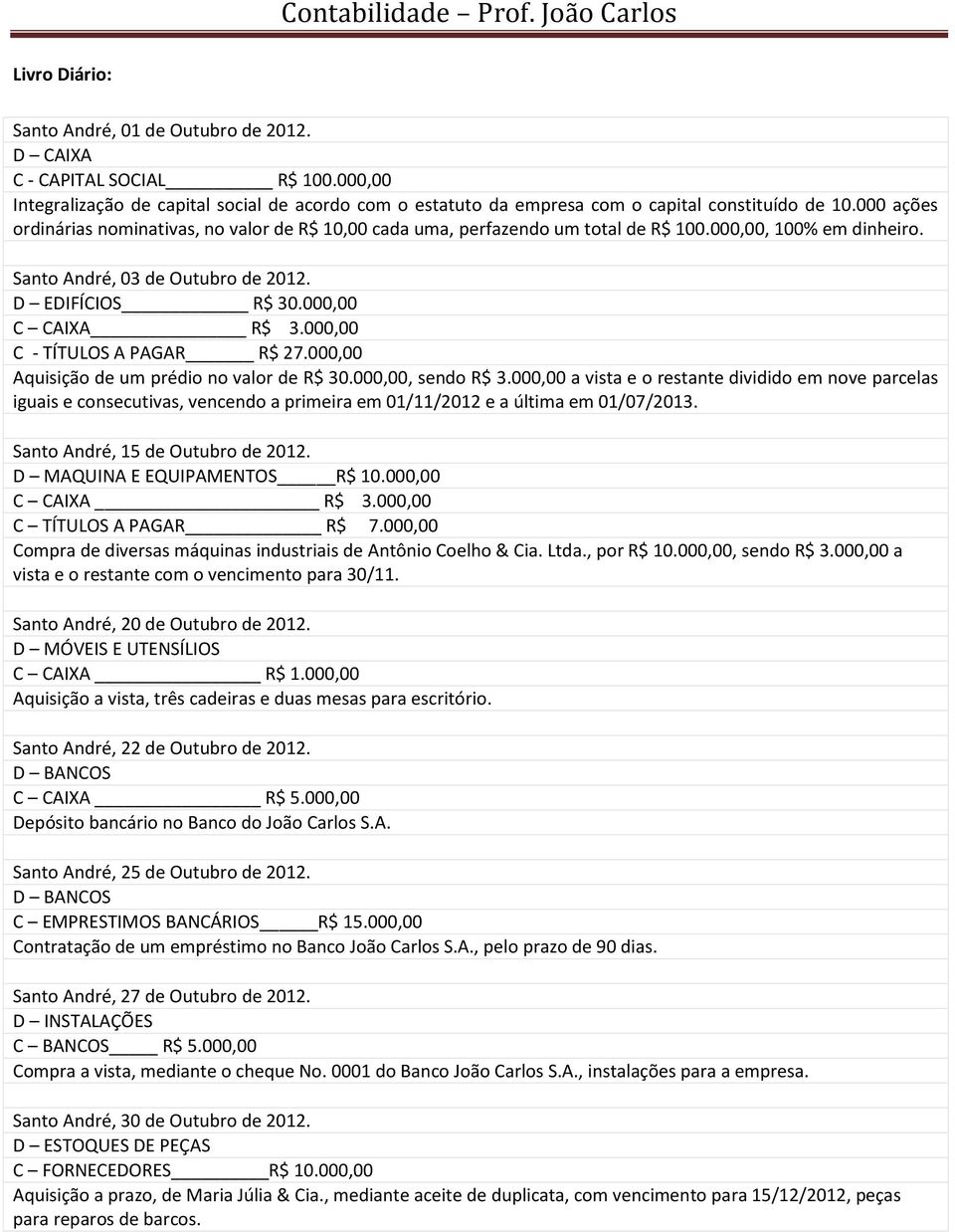 000,00 C - TÍTULOS A PAGAR R$ 27.000,00 Aquisição de um prédio no valor de R$ 30.000,00, sendo R$ 3.