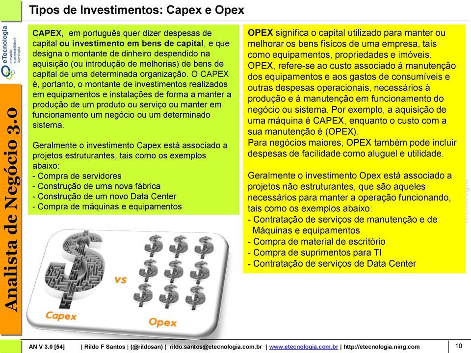 O CAPEX é, portanto, o montante de investimentos realizados em equipamentos e instalações de forma a manter a produção de um produto ou serviço ou manter em funcionamento um negócio ou um determinado