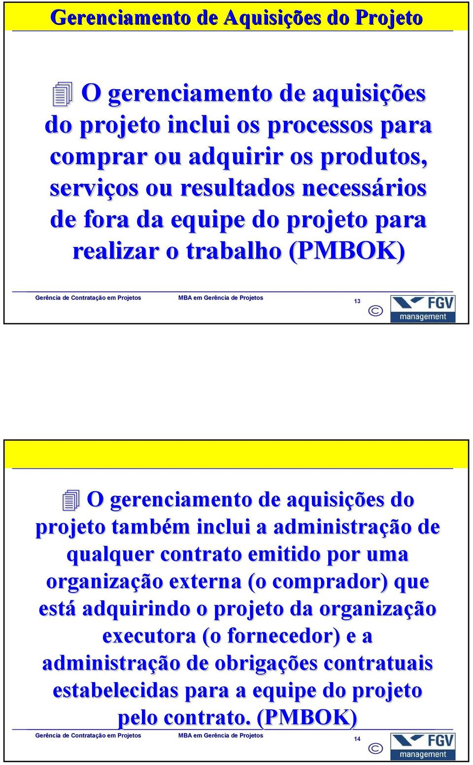 projeto também inclui a administração de qualquer contrato emitido por uma organização externa (o comprador) que está adquirindo o projeto