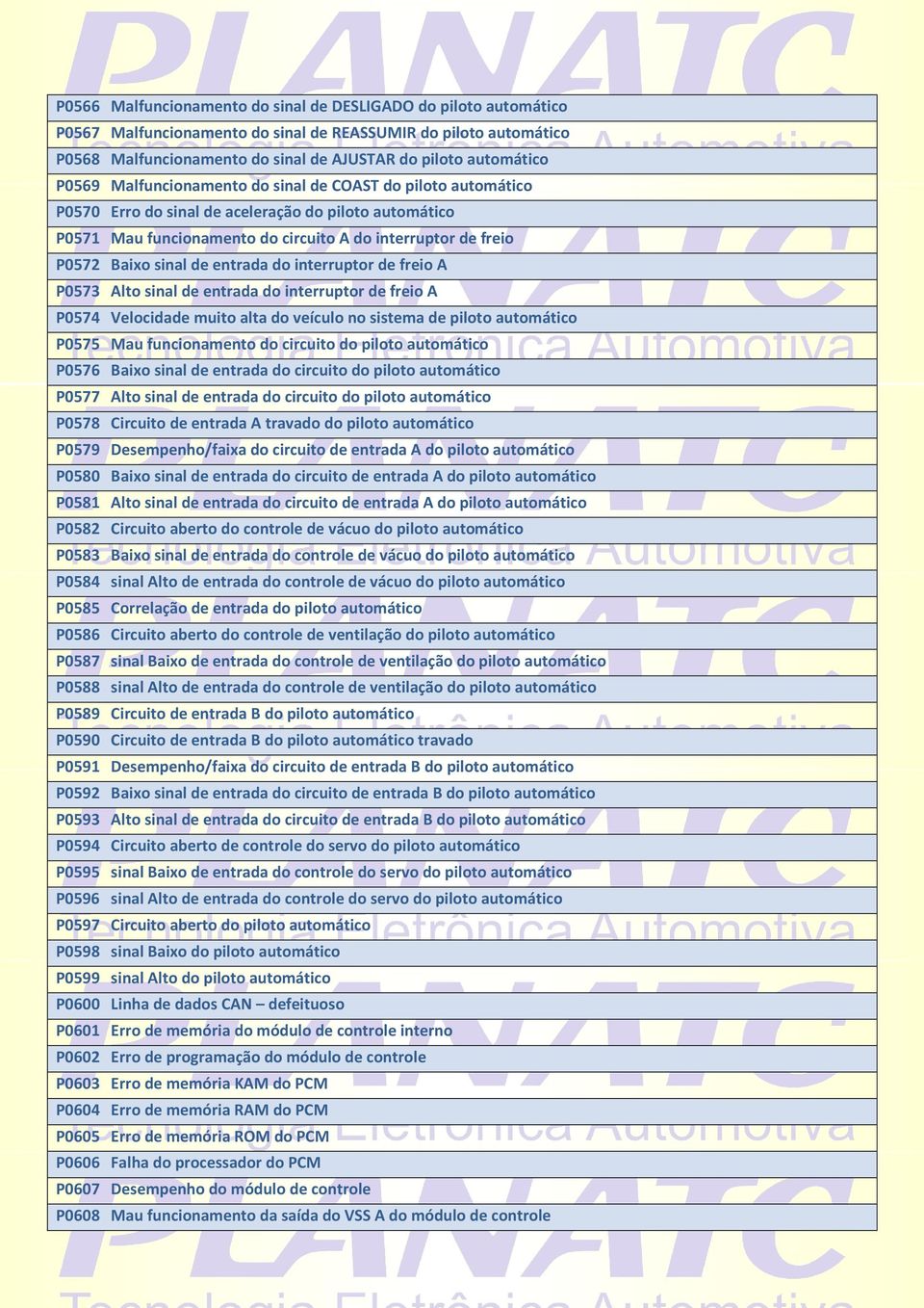 entrada do interruptor de freio A P0573 Alto sinal de entrada do interruptor de freio A P0574 Velocidade muito alta do veículo no sistema de piloto automático P0575 Mau funcionamento do circuito do
