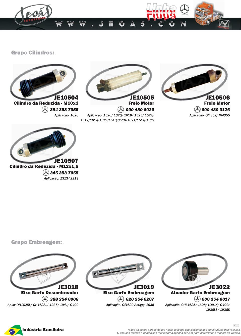 1512/1614/1519/1518/1516/1621/1514/1513 JE10506 Freio Motor 000 430 0126 Aplicação: OM352/ OM355 JE10507 Cilindro da Reduzida - M12x1,5 345 353 7055