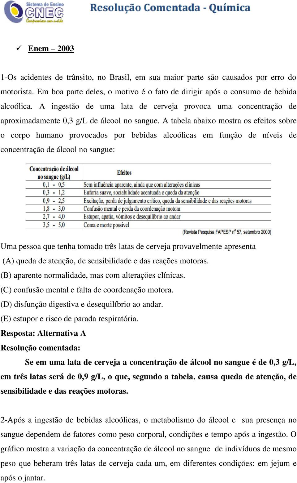 A tabela abaixo mostra os efeitos sobre o corpo humano provocados por bebidas alcoólicas em função de níveis de concentração de álcool no sangue: Uma pessoa que tenha tomado três latas de cerveja