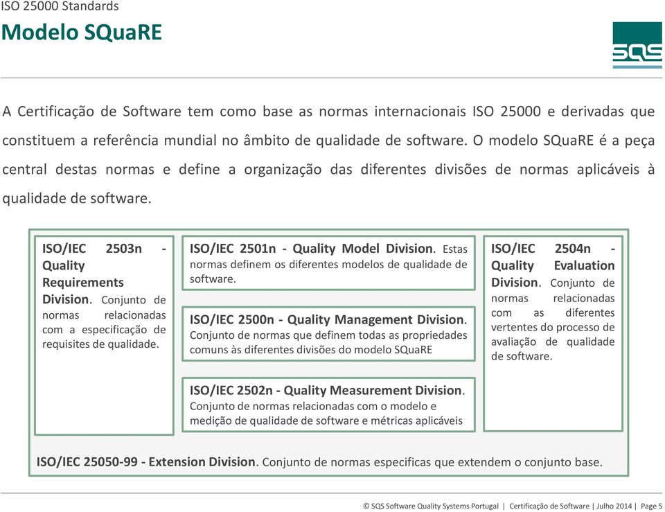 Conjunto de normas relacionadas com a especificação de requisites de qualidade. ISO/IEC 2501n - Quality Model Division. Estas normas definem os diferentes modelos de qualidade de software.
