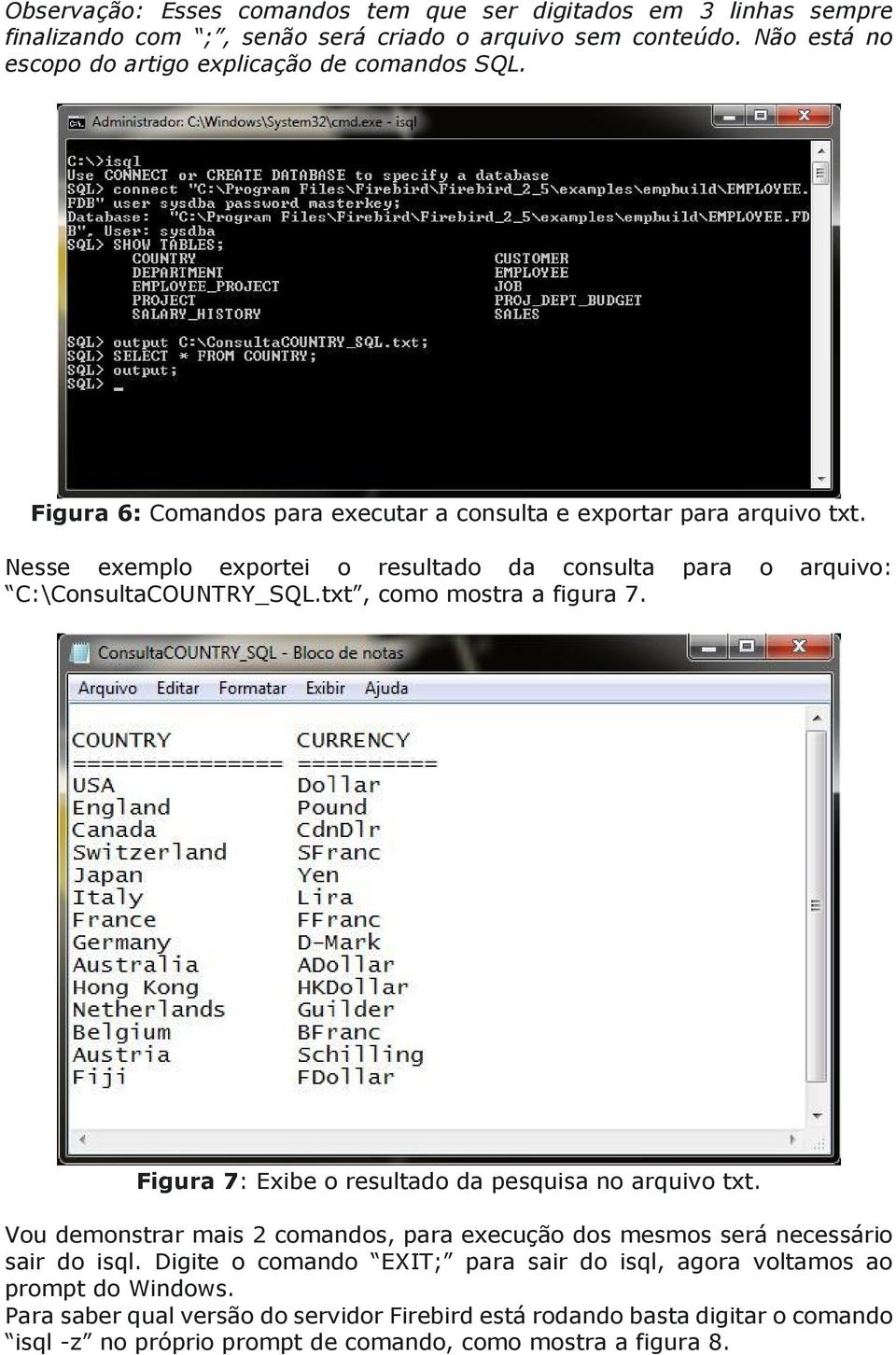 txt, como mostra a figura 7. Figura 7: Exibe o resultado da pesquisa no arquivo txt. Vou demonstrar mais 2 comandos, para execução dos mesmos será necessário sair do isql.